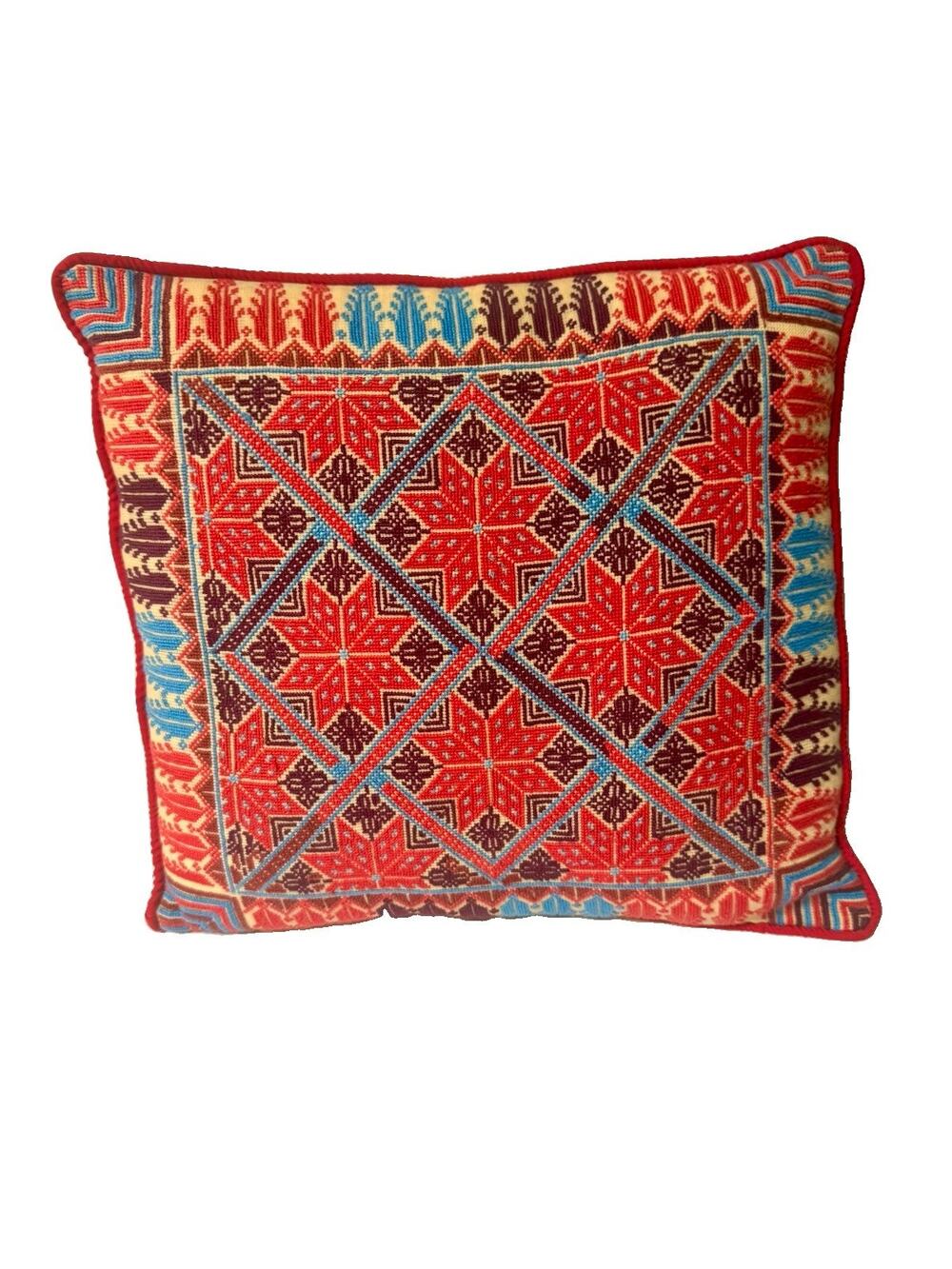 Vintage Palestinian Tatreez Embroidered Cushion Cover Cross Stitch Red Blue